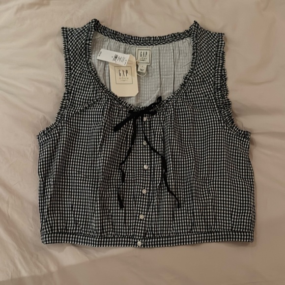 DOEN x GAP Navy blue and White Gingham Crop Blouse with Tie Front Sz Small NWT - Picture 2 of 5